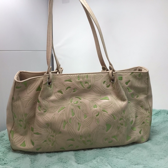 Cole Haan Handbags - COLE HAAN XL Tan/Green Embroidered Purse Handbag